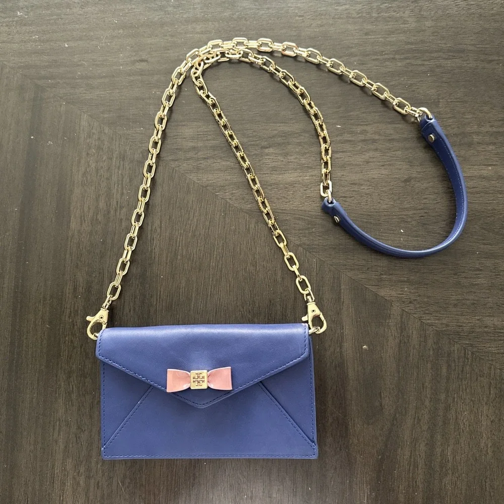 Tory Burch envelope clutch crossbody wallet purse blue leather Gold Chain